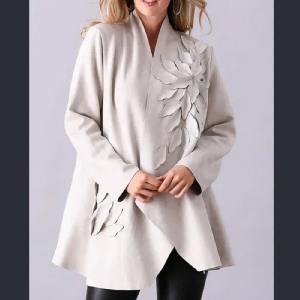 Feratelli Light Jacket Embellished 3D Leaf Appliqué MicroSuede Open Front XL